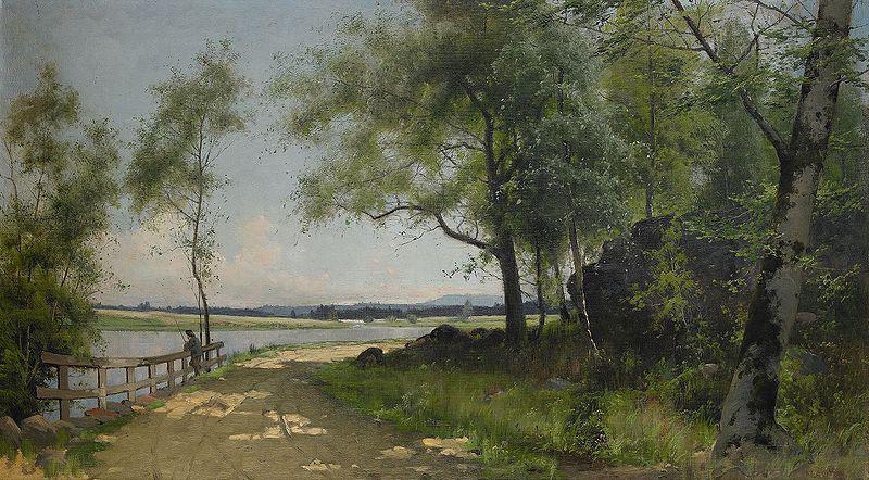 Mauritz Lindstrom Sommarlandskap med vag vid vatten oil painting image